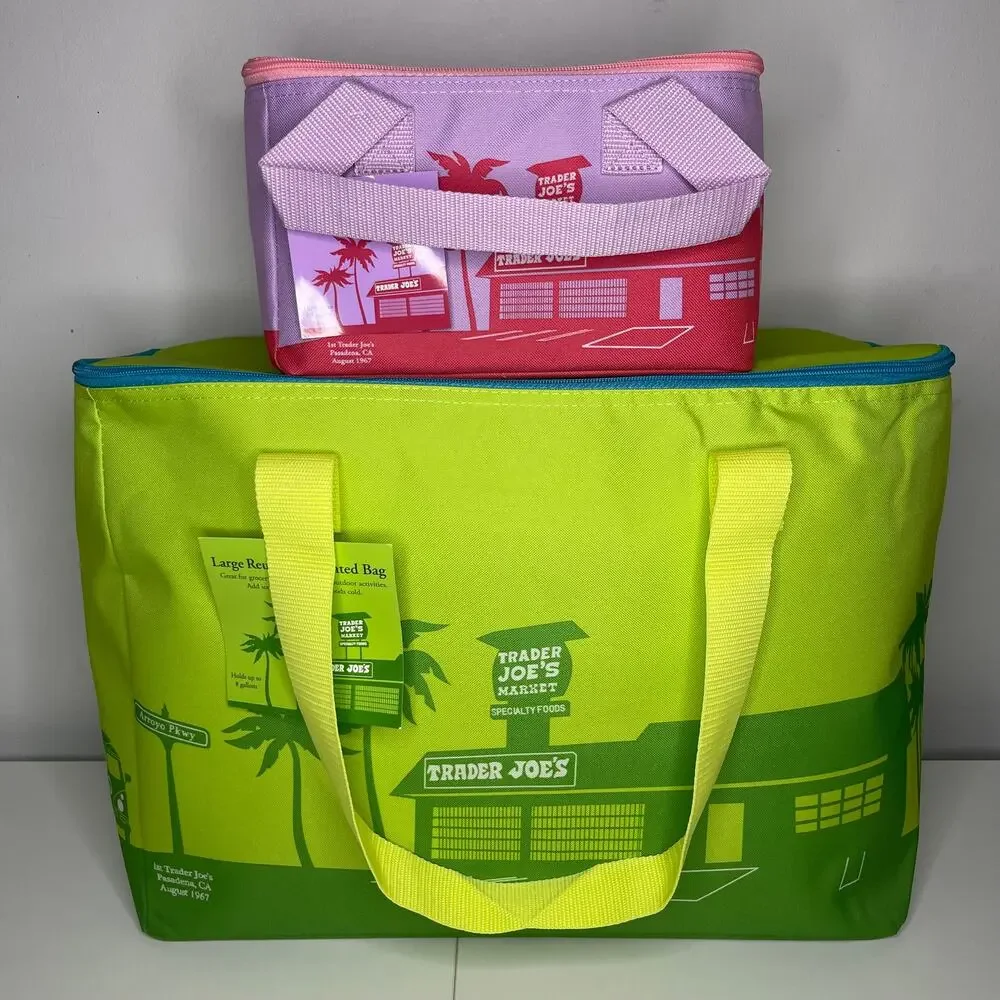 Set of 2 Trader Joe’s Insulated Cooler Bags — Large + Mini — Lime Green + Purple